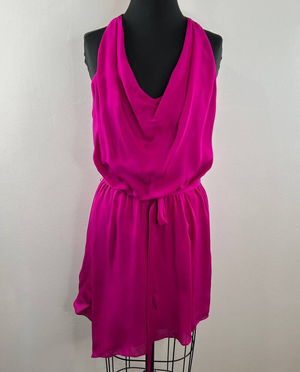 Haute Hippie Fuschia Pink 100% Silk Sleeveless Cowl Neck Tie Waist Dress Size S